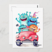Gruppe lustiger Monster fährt mit dem Auto. Urlaub Postkarte (Vorne/Hinten)