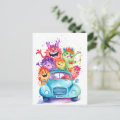 Gruppe lustiger Monster fährt mit dem Auto. Urlaub Postkarte (Stehend Vorderseite)