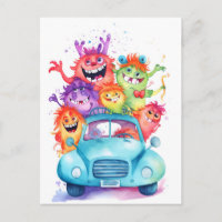 Gruppe lustiger Monster fährt mit dem Auto. Urlaub