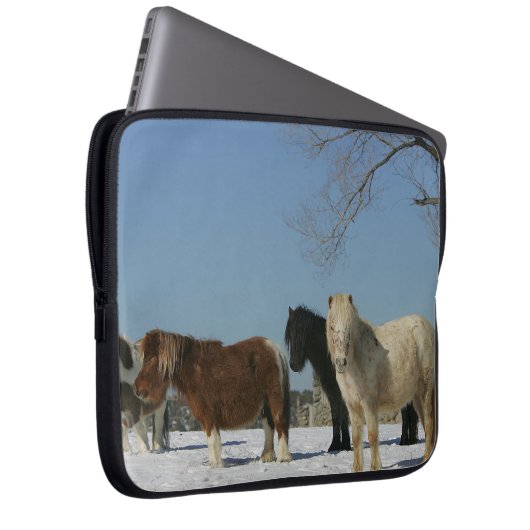 Gruppe Miniaturpferde im Schnee Laptopschutzhülle (Vorne Rechts)
