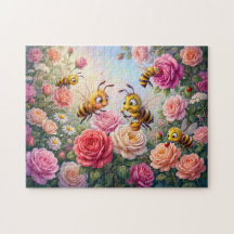 Gruppe von Bienen, die Rosen in lustiger Comic-Ill