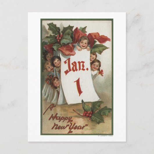 Gruppe von Kindern, die sich hinter dem Kalender v Postkarte (Vorderseite)