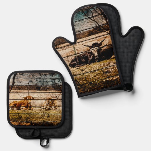 Gruppe von Langhaarn, die in felsenfestem Holz leb Ofenhandschuh & Topflappen-Set (Vorderseite/Rückseite)