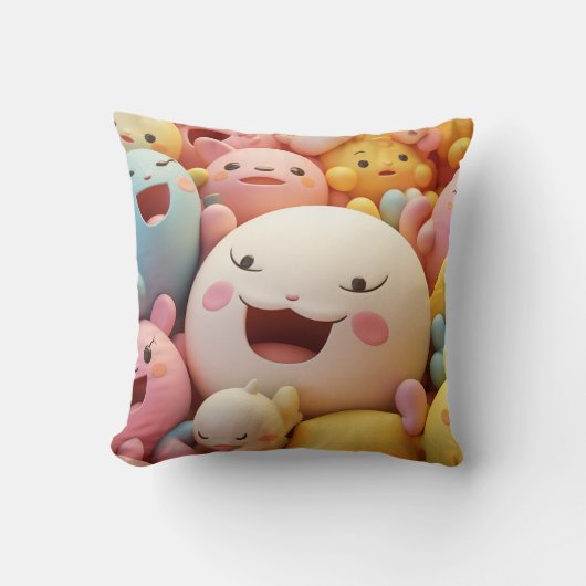 Gruppe weicher, glücklicher Lebewesen in Pastellfa Kissen (Vorderseite)