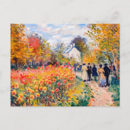 Gruppenwanderung im Herbstgarten mit Blume Feiertagspostkarte