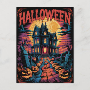 Grusel-Halloween-Hexenhaus-Kürbisse Postkarte