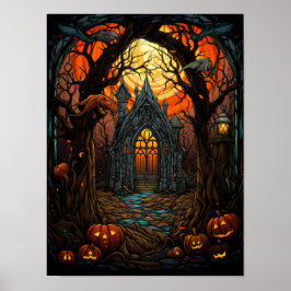 Grusel-Haus-Buntglas Halloween-Gotik-Kunst Poster