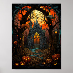 Grusel-Haus-Buntglas Halloween-Gotik-Kunst Poster