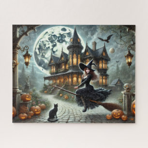 Grusel-Haus, Hexe & Vollmond Vintage-Halloween Puzzle