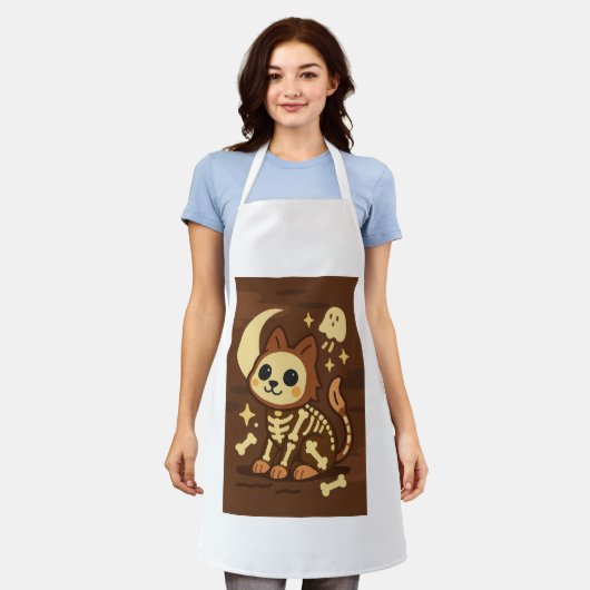 Grusel-Schädel-Katze-All-Over-Print-Schürze, Mitte Schürze (Getragen)