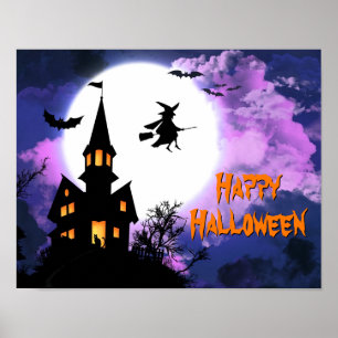 Grusel-Schloss fliegende Hexe Halloween-Party Poster