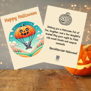 Grusel-Skelett im Kürbis-Parachute, Halloween Feiertagskarte