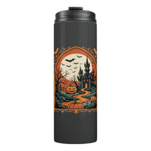 Gruselburg-Kürbis-Mond-Vektorgrafik zu Halloween Thermosbecher