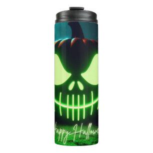 Gruselig grün leuchtender Halloween-Kürbis Thermosbecher
