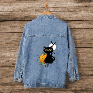 Gruselig lila süße schwarze Katze Halloween-Kürbis Jeansjacke