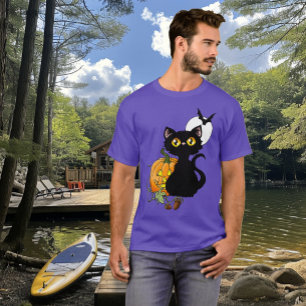Gruselig lila süße schwarze Katze Halloween-Kürbis T-Shirt