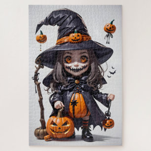 Gruselige animierte Halloween-Hexe, Kürbislaternen Puzzle