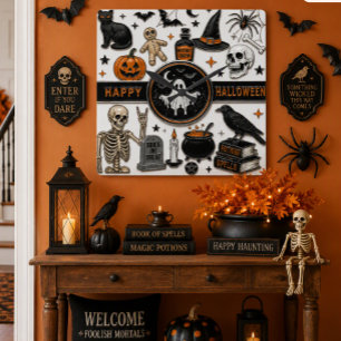 Gruselige Collage Halloween-Dekoration Geister, S Quadratische Wanduhr