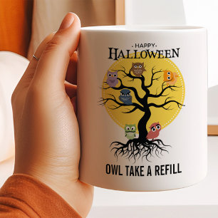Gruselige Eulen-Familienbaum-Halloween Kaffeetasse