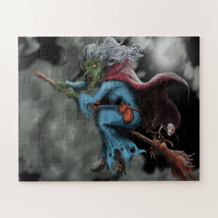 Gruselige fliegende Hexe Schädel Halloween Nacht Puzzle