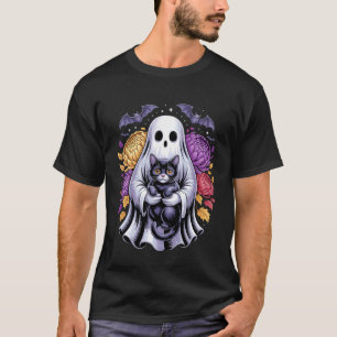 Gruselige Geisterkatzen Floral Kürbis Süße Schwarz T-Shirt