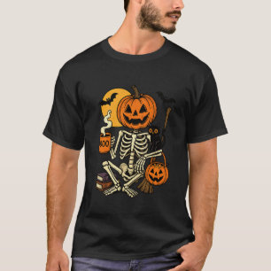 Gruselige Gemütliche Kürbis Skelett Katze Kaffee o T-Shirt