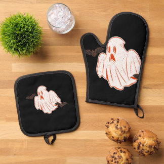Gruselige Halloween-Geister-Vibes Ofenhandschuh & Topflappen-Set