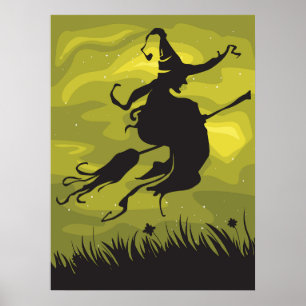 Gruselige Halloween-Hexe fliegt auf Besenstiel Poster