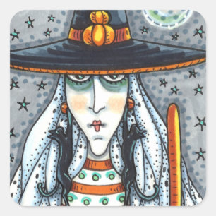 GRUSELIGE HALLOWEEN HEXE, TRÄGT SCHWARZEN KATZEN S QUADRATISCHER AUFKLEBER
