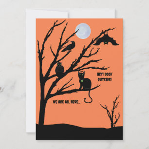 Gruselige Halloween-Karte mit Katze-Rabe-Eule-Fled Feiertagskarte