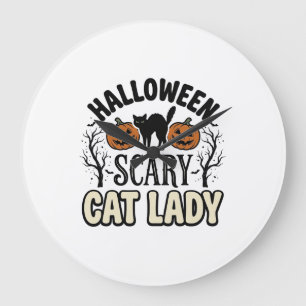 Gruselige Halloween-Katzenlady Retro-Vektorgestalt Große Wanduhr