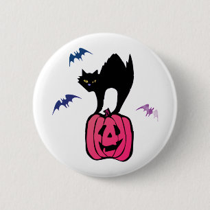 Gruselige Halloween-Kürbis-Pop-Art-Katze Button
