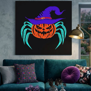 Gruselige Halloween-Kürbis-Spinne-und-Hexenhut-Kun Leinwanddruck