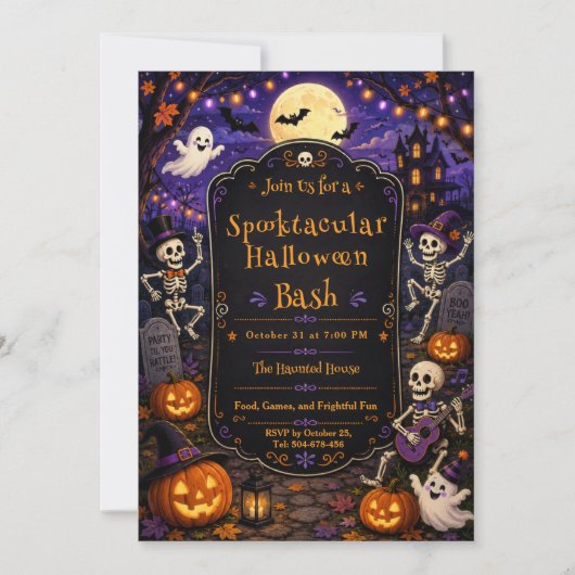 Gruselige Halloween-Party mit Skelett-Kürbis-Feier Einladung (Vorderseite)