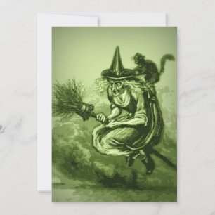 Gruselige Hexe auf Besenstiel Vintage Halloween Einladung