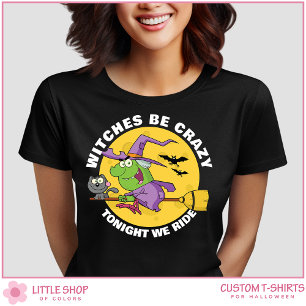 Gruselige Hexe auf einem Besenstiel Damen Hallowee T-Shirt