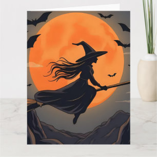 Gruselige Hexe Fliegender Besenstiel Orange Vollmo Karte