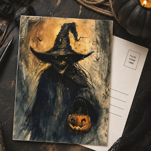 Gruselige Hexe & Kürbis Vintage Halloween Postkarte