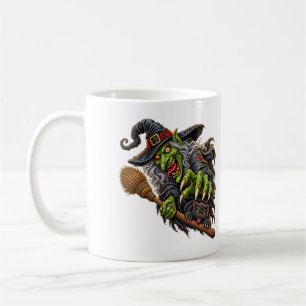 GRUSELIGE HEXE mit BESEN und SCHWARZEM KATZE Kaffeetasse