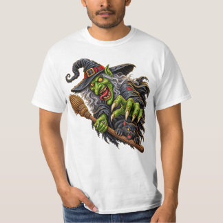 GRUSELIGE HEXE mit BESEN und SCHWARZEM KATZE T-Shirt
