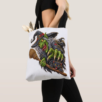 GRUSELIGE HEXE mit BESEN und SCHWARZEM KATZE Tasche