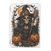 Gruselige Hexe, schwarze Katze und Kürbisse Hallow