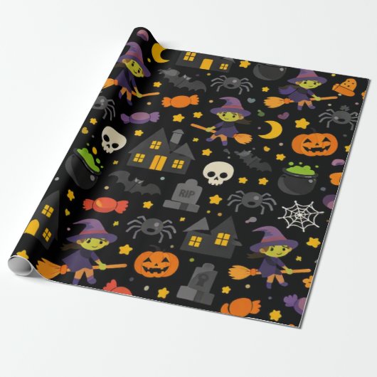 Gruselige Hexe & Spinne Halloween Geschenkpapier (Ungerollt)