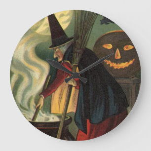 Gruselige Hexe von Halloween rührt magischen Kesse Große Wanduhr