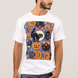 Gruselige Katzen Kürbisse Lila Muster T-Shirt