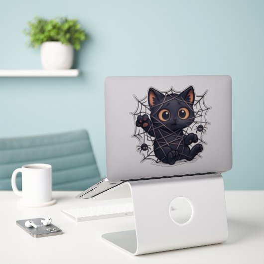 Gruselige Katzen-Web-Halloween Aufkleber (Laptop auf Schreibtisch)