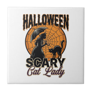 Gruselige Katzenlady Halloween Hexe Web Vintage-Sh Fliese