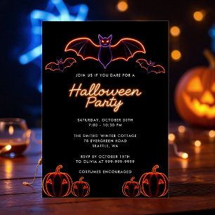 Gruselige Neon-Fledermaus-Kürbis-Halloween-Party Einladung