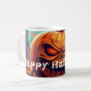 Gruselige orange Halloween-Kürbis mit Gesicht Kaffeetasse