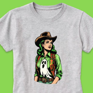 Gruselige Saison Grüne Retro-Cowgirl mit Geist T-Shirt